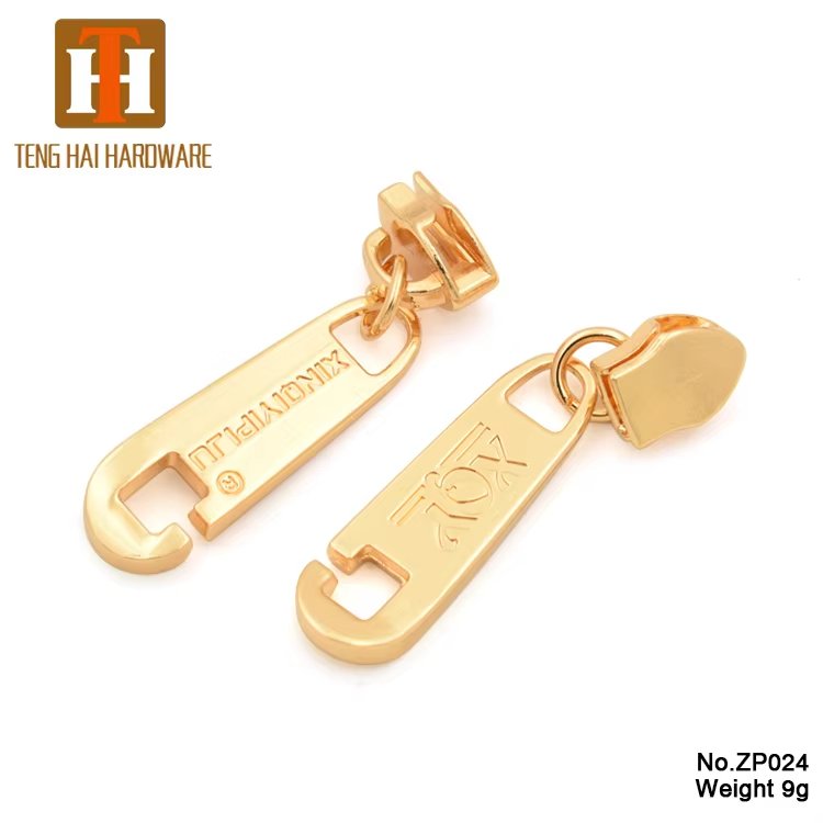 Main-02 Manufacturer Zipper Heads Customized Shape Colour Zip Slider Gold Engraved logo Zipper Pull